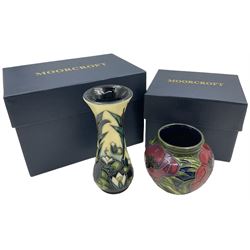 Two small Moorcroft vases, one decorated in the Lamia pattern by Rachel Bison, circa 1995, H13cm and the other in the Anemone Tribute pattern by Emma Bossons, circa 2002, H7.5cm, both with original boxes (2)