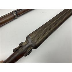 19th century Indian .577 Enfield muzzle loading rifle, proofed for 26-bore, the 98.5cm barrel with three barrel bands and later ram rod L140cm overall; 19th century Belgian side-by-side double barrel percussion shotgun, approximately 20-bore, with 74cm barrels and studded walnut stock, lock plate marked 'Liege 1868' and 'V. Gulikers-Maquinay' L117cm overall; and another side-by-side double barrel shotgun by Smythe with underlever opening (3)