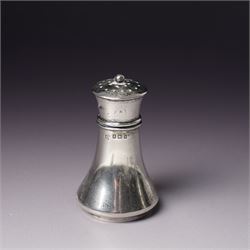 Pair of engraved silver napkin rings London 1912, two 19th century fiddle pattern dessert spoons, four condiment and teaspoons and a silver pepperette