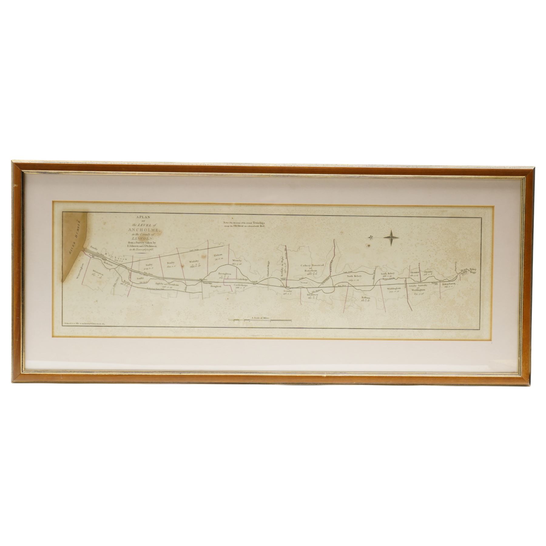 W Rawson (British Early 19th century) after John Cary (British 1754-1835): 'A Plan of the Level of Ancholme in the County of Lincoln', engraved map reduced to a scale of 1/4 mile to an inch from the 1767–8 survey by E Johnson and J Dickinson, pub. 1815, 20cm x 66cm; Francis Wilkinson & John Fotherby (British 17th century): 'A Map of the Level lying upon the River of Ancholme in the County of Lincoln, 17th century engraved map pub. Dugdale's 'History of Imbanking and Draining' c.1640, 15cm x 40cm (2) (unframed)