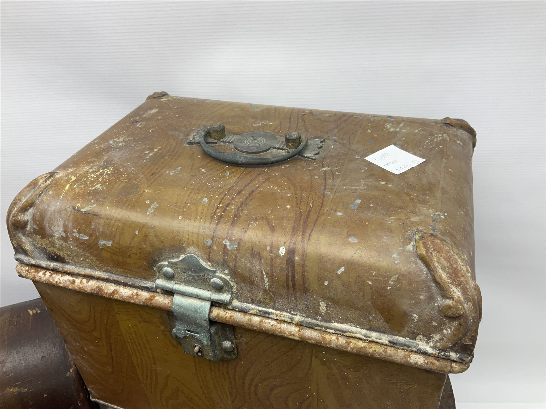 Metal hat box, together with another metal traveling case and a singer sewing machine 