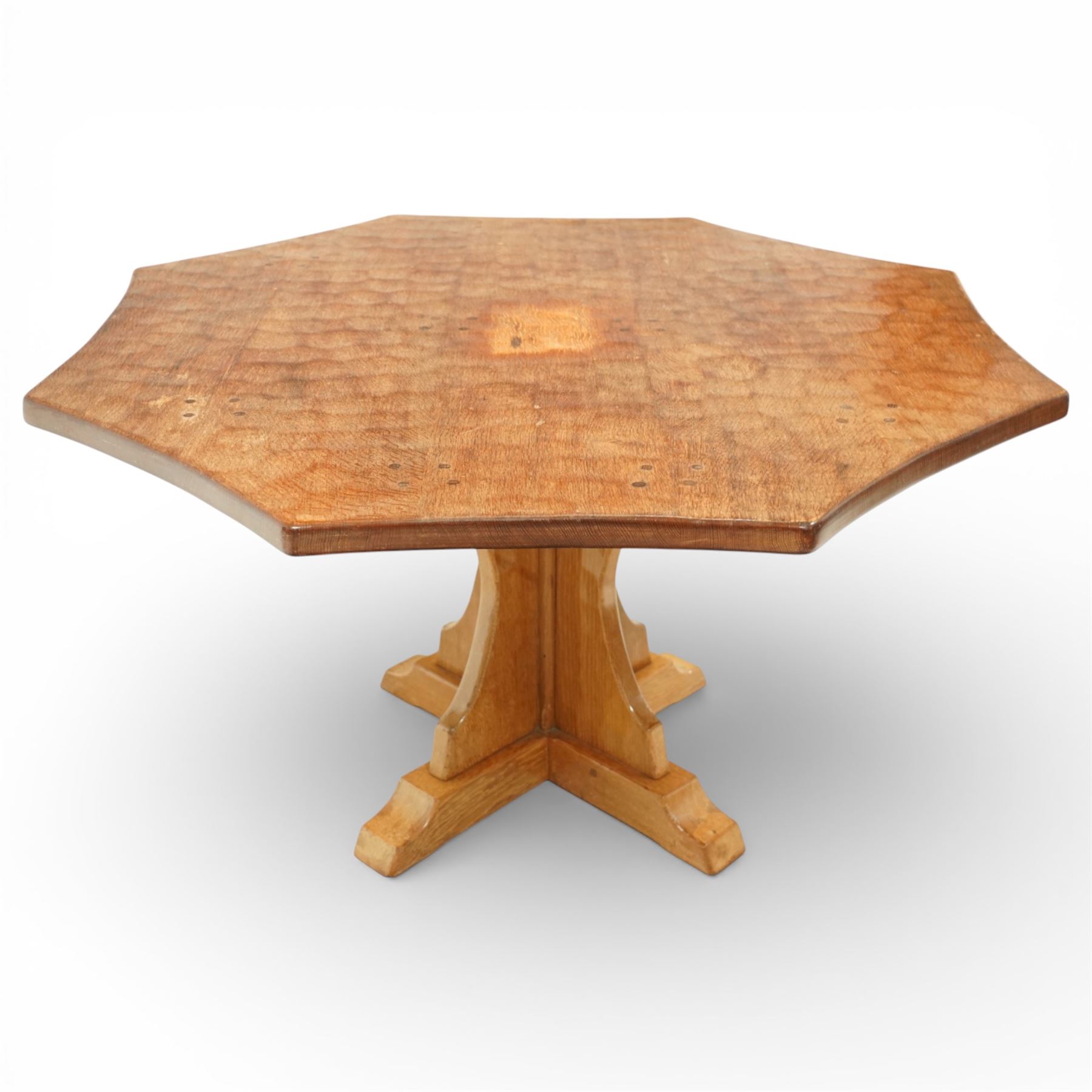 Sid Pollard of Thirsk - octagonal oak adzed dining table, with curved edges on a quatriform base