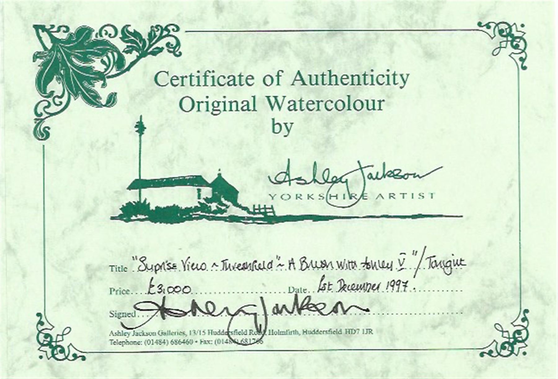 Ashley Jackson (Yorkshire 1940-): 'Surprise Video - Threshfield', watercolour signed, titled on accompanying certificate of authenticity 41cm x 55cm
Provenance: Purchased directly from the artist as part of his TV series 'A Brush with Ashley'