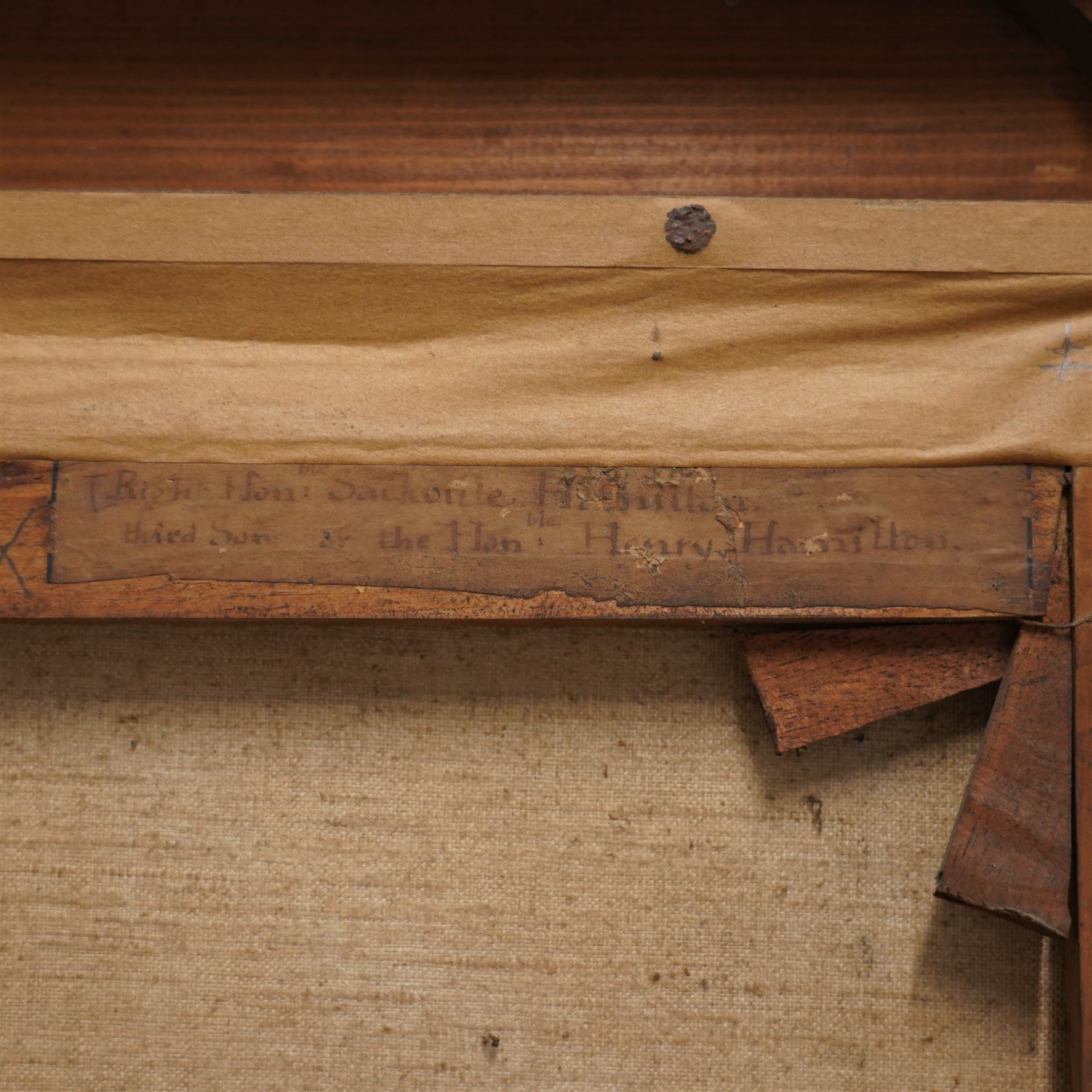 Irish School (Late 18th century): Portrait of the 'Right Honourable Sackville Hamilton (Irish 1732-1818) Third Son of the Honourable Henry Hamilton (1692-1743)', oil on canvas unsigned, labelled verso 71cm x 61cm
Provenance: direct from the family of the sitter
Notes: Sackville Hamilton was a notable Irish politician, one of the most important roles of his career included serving a long tenure as under-secretary to the Lord Lieutenant of Ireland. He was the son of the Hon. Henry Hamilton, he married Arabella Berkeley, a daughter of Bishop George Berkeley. 