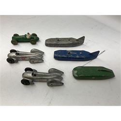 Dinky - nine early unboxed and playworn racing cars including MG Record car, Mercedes Benz, two Thunderbolt Land Speed Record cars, two Auto Union, Cooper-Bristol No.23G etc
