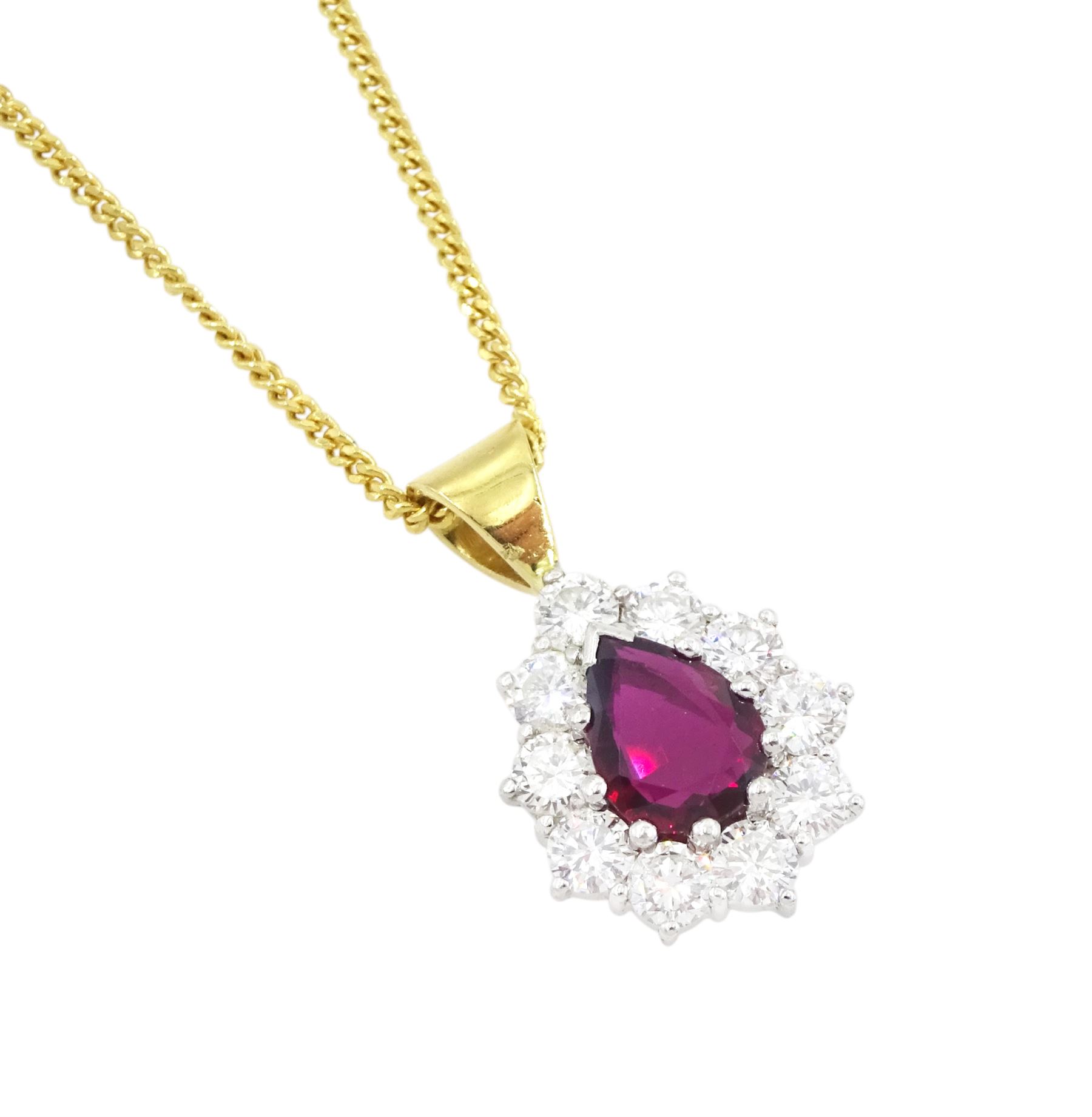 18ct gold pear cut ruby and round brilliant cut diamond pendant necklace, hallmarked, ruby approx 0.45 carat, total diamond weight approx 1.00 carat