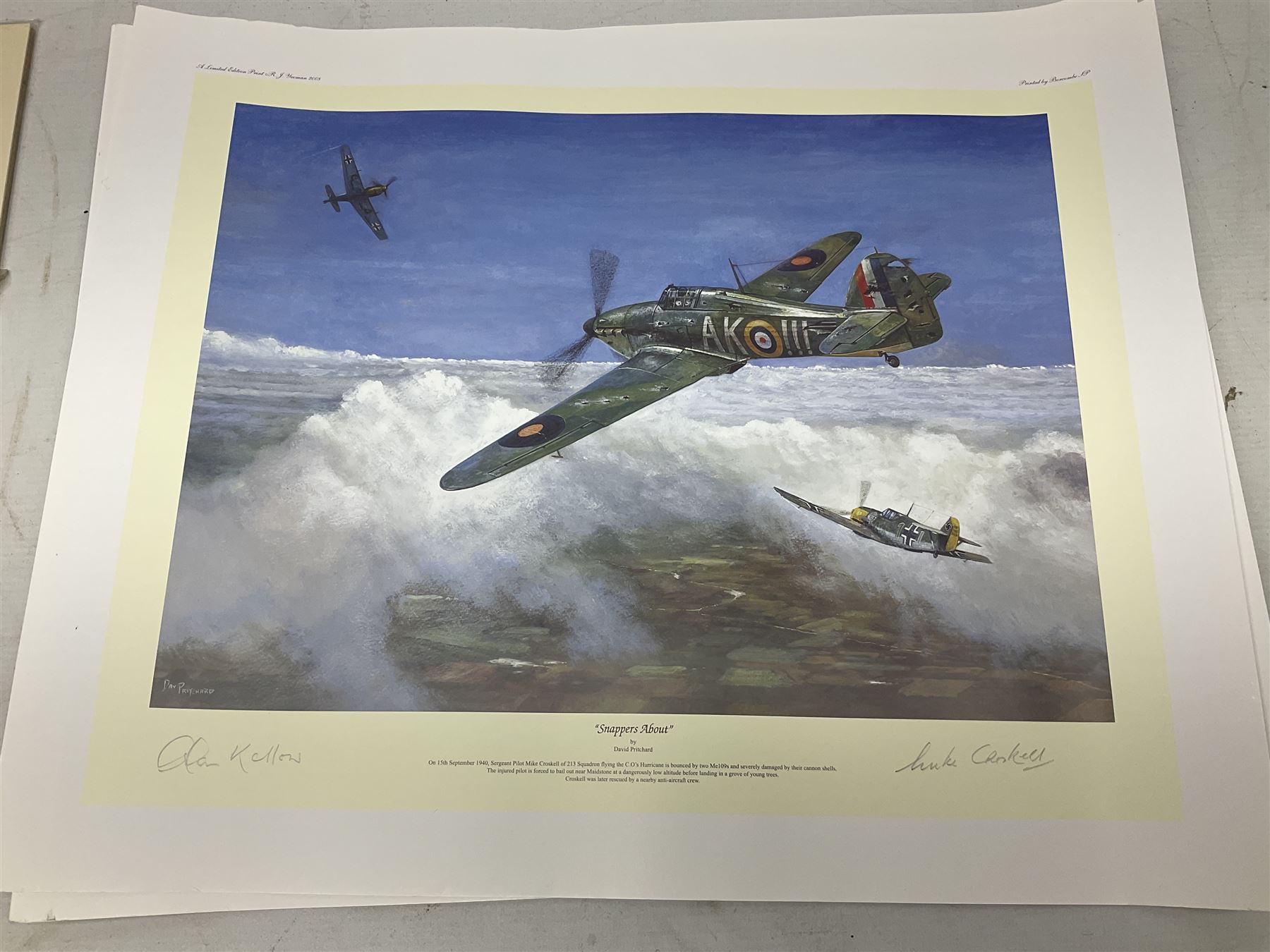 Collection of twenty-one unframed and seven framed prints of predominantly aviation interest after David Pritchard, Brian Petch, Stephen Teasdale, Barry Price, Coulson, Wardle etc; depicting Spitfires, Hurricanes etc; some limited editions with certificates and many bearing multiple signatures on the mount