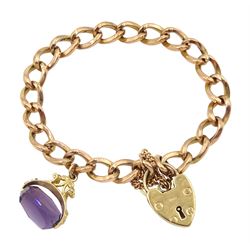 Rose gold link bracelet, each link stamped 9.375, with gold heart locket clasp and a gold amethyst swivel fob, hallmarked 9ct 