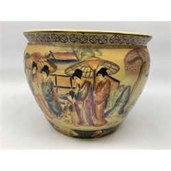 Chinese fish bowl of satsuma style, the exterior decorated with traditional figures, flowers and trees, the interior painted with koi carp, H24cm