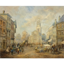  M J Rendell (20th century): Market Place, oil on canvas signed 49cm x 60cm  
