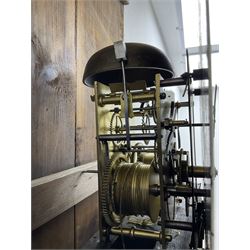 Thomas Gibson of Berwick - oak and mahogany 8-day longcase clock c 1860, with a flat topped pediment and recessed break arch door beneath, free standing pilasters with brass capitals, trunk with quarter columns to the corners and a wavy topped door, on a rectangular oak plinth with a shaped base,  painted dial with floral spandrels and a sporting scene to the break arch, Roman numerals, minute track and subsidiary seconds and date dial's, matching stamped brass hands pinned via a false plate to a rack striking movement, striking the hours on a bell. With weights, pendulum and key.   