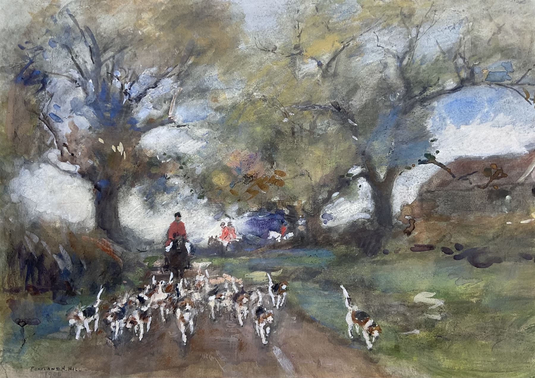 Rowland Henry Hill (Staithes Group 1873-1952): North Yorkshire Foxhounds on a Country Lane, watercolour signed and dated 1908 
Provenance: private collection, purchased David Duggleby Ltd 16th September 2013 Lot 43; exh. Phillips & Sons, Cookham, November 1980
