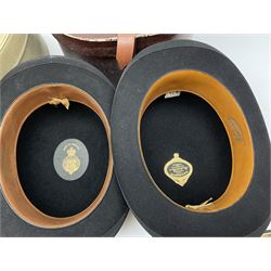 Grey homburg hat  C A Dunn & Co bowler hat, Christy's London,  bowler hat R W Forsyth, Antler hat box with handle, L32, D17cm, Small hat box L28cm, D17cm. 