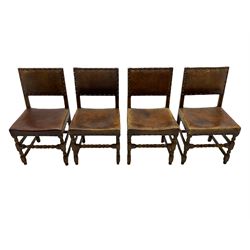 Traditional oak rectangular dining table, twin legs with stretcher base, and four chairs with leather seat and backs