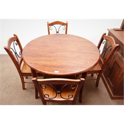  Pine dresser, two lead glazed doors above two drawers and two cupboards, plinth base (W91cm, H198cm, D44cm) and a circular beech dining table (D106cm, H74cm) and set four chairs (W43cm) (6)  