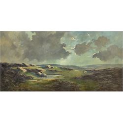Lewis Creighton (British 1918-1996): Expansive Landscape with Heather, oil on board signed 61cm x 122cm (unframed)