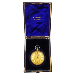 Victorian 18ct gold ladies pocket watch, top wind by Samuel Sharpe, Retford No. 136940, case makers mark T.T, London 1888, in original box

Notes: By direct decent from Sharpe family