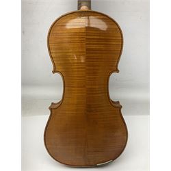 German violin c1900 stamped Stainer with 36cm two-piece maple back and ribs and spruce top L59.5cm overall; in simulated reptile skin carrying case