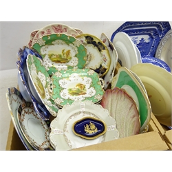  19th century part dessert service, green moulded borders with landscape painted panels pattern no. 3985, Coalport Batwing pattern plate, Burleigh Ware Willow pattern blue and white tableware and other 19th century and later plates and ceramics  