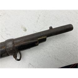 20th century Indian percussion musket, the 76cm barrel with two bands, indistinctly inscribed lock-plate, walnut full stock stamped 642 with brass butt and trigger guard and under barrel ramrod channel L121cm overall