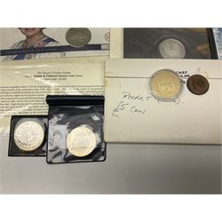 Coins and stamps, including The Royal Mint Great Britain 1970 coin set in plastic holder, 2006 'Brunel' coin cover containing two commemorative two pound coins, Alderney 2006 sterling silver proof five pounds, two 2007 five pound coins in card folders, two limited edition mint first class stamp sheets each comprised of ten first class stamps, various first day covers many with special postmarks housed in 'Royal Mail' boxes etc