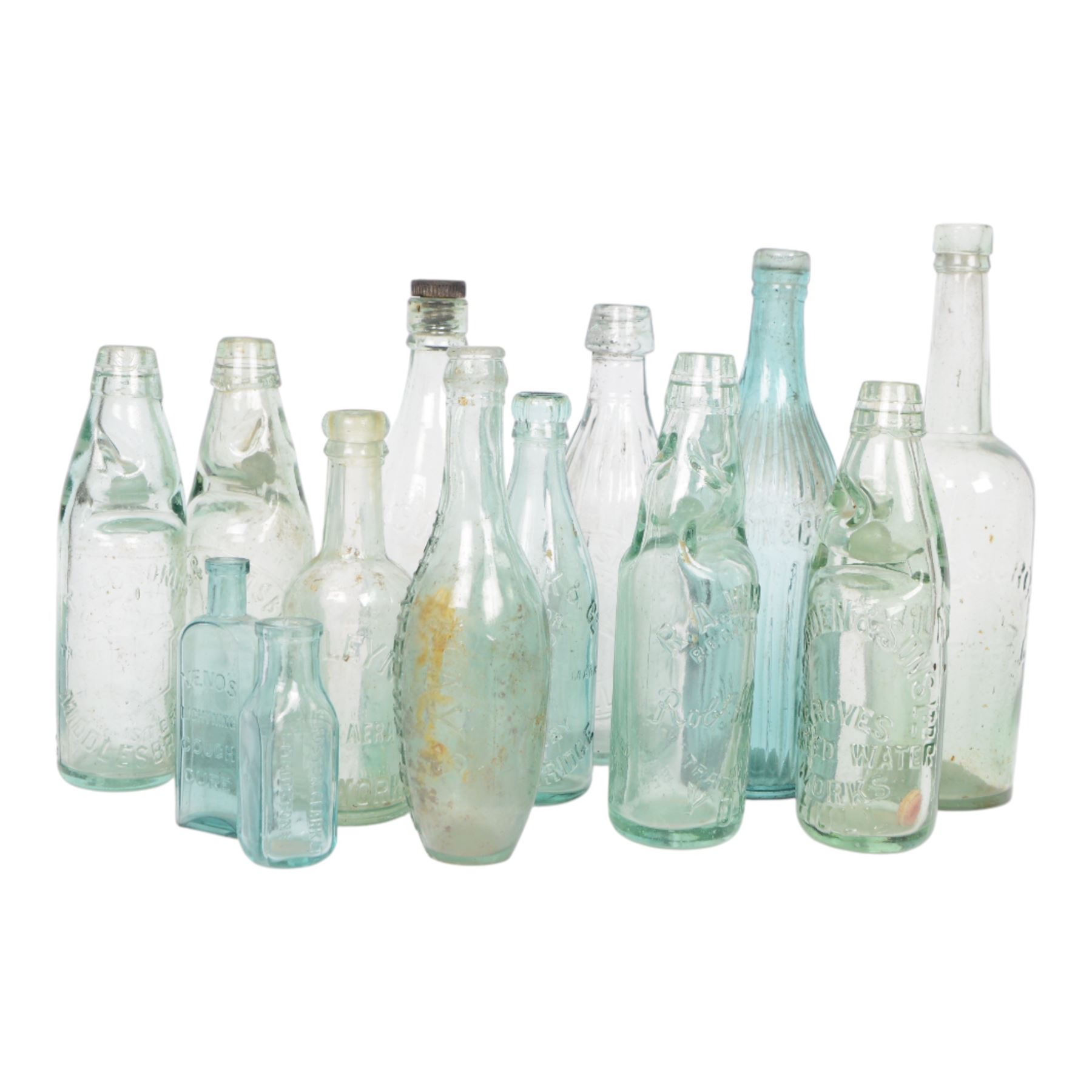 19th century glass brewery and mineral water bottles, including Allright's York, Murden's Hull, Anchor Brewery, Robinson & Speight Hull, etc