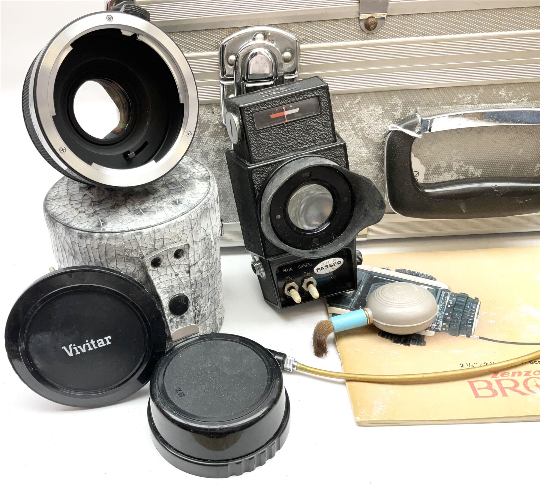 Zenza Bronica S2A medium format camera body, with Zenza Bronica Zenzanon MC '1:2.4 f-80mm' lens, together with Nippon Kogaku Nikkor-P '1:4 f-200mm' lens, Nikkor D.C '1:4 f-40mm' lens, two film backs and other camera equipment, housed in a hard flight case