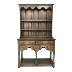 Small Georgian style distressed medium oak dresser, fitted with five drawers, pot-board base and two tier plate rack, W91cm, D37cm, H162cm