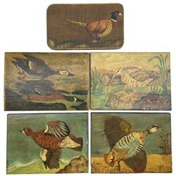 English Naïve School (20th century): Game Birds, set of four oils on pine panels 22cm x 31cm, and another similar of a pheasant 17cm x 29cm (5)