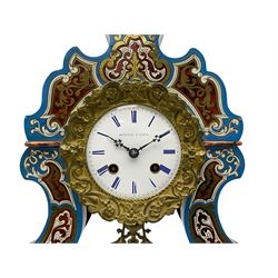 Breguet A Paris - Mid-19th century 8-day French portico clock, ebonised case with brass and cloisonne inlay, on a rectangular plinth with a shaped base, white enamel dial with blue Roman numerals, minute track and steel trefoil hands, cast brass bezel with scroll and foliate decoration and a conforming gridiron pendulum, twin train going barrel movement with a countwheel strike sounding the hours and half-hours on a bell, with an ebonised base and glass dome. 