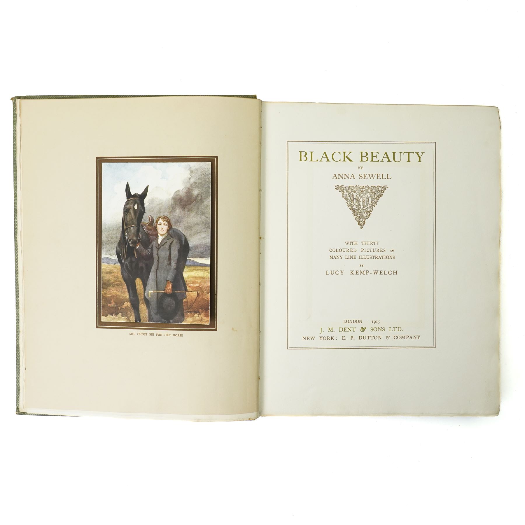 Sewell, Anna - 'Black Beauty' with tipped in coloured plates by Lucy Kemp-Welch, limited edition 224 of 600, signed by Lucy Kemp-Welch, green and gilt boards, published London 1915 by J.M. Dent & Sons Ltd and another copy of the work, unsigned (2)