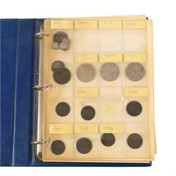Great British pre-1920 and pre-1947 silver coins, including ten pre-1920 and seventeen pre-1947 half crowns, twelve pre-1920 and seven pre-1947 florins, twelve pre-1920 and eight pre-1947 shillings, and further copper coins, housed in a blue ring binder folder