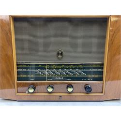 1955 Pye Fenman II valve radio in walnut veneered case, W58cm, together with a 1950s McMichael Type 854 valve radio with Bakelite knobs, W47cm H39cm D24cm, and 1957 Ekco Type A320 radio in dark walnut veneered case (3)