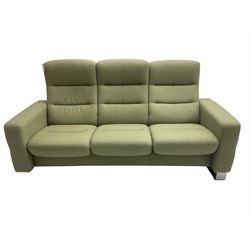Ekornes Stressless - three seat reclining sofa upholstered in pale green fabric (198cm x 82cm x 100cm), Ekornes Stressless - matching two seat reclining sofa (144cm x 82cm x 100cm), Ekornes Stressless - storage ottoman with hinged seat upholstered in pale green fabric (60cm x 60cm x 42cm)