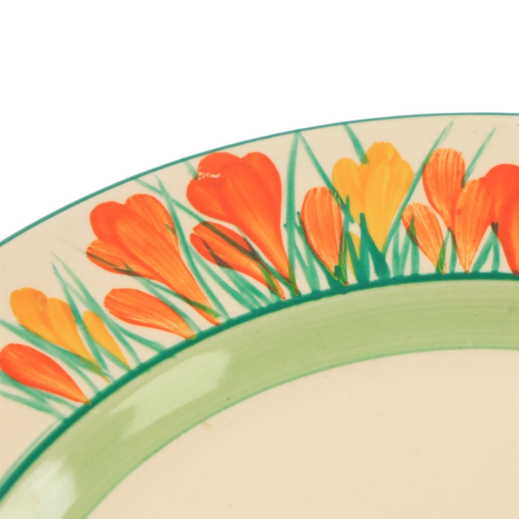 Clarice Cliff Sungleam Crocus pattern plate, together with Crocus pattern preserve jar, both with printed marks beneath, plate D23cm 