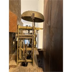 Late 19th century 30 hour Yorkshire mahogany longcase clock, with a swans necked pediment and break arch hood door flanked by two ring turned pilasters, trunk with a short door with a bone escutcheon on a wide plinth with a recessed panel, painted dial with a depiction of a sportsman to the arch and game birds to the spandrels, Roman numerals, minute markers and brass hands, chain driven countwheel striking movement. With weight and pendulum.