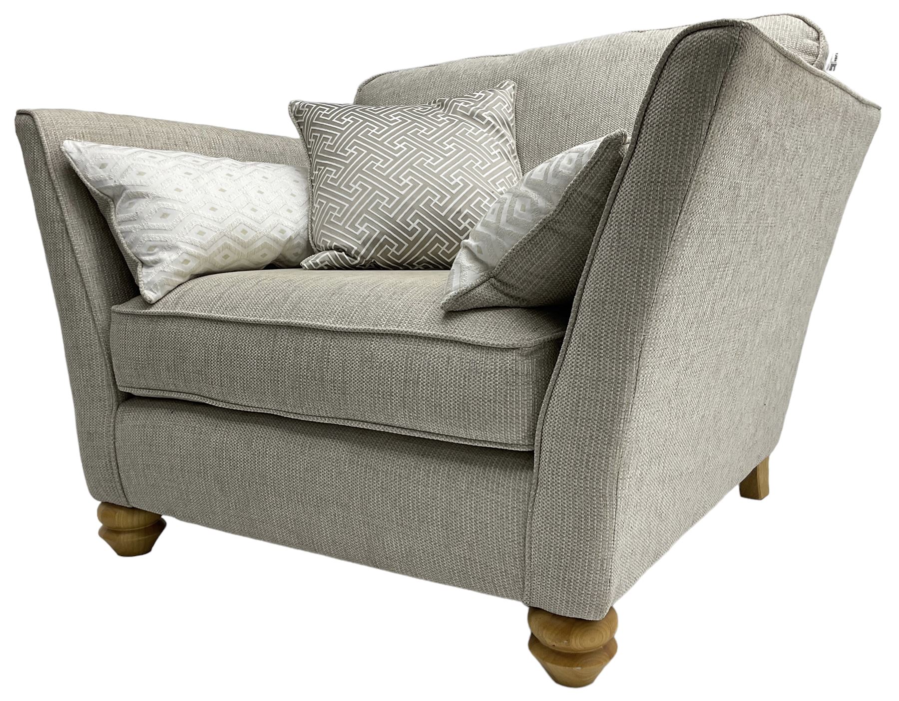 Oak Furnitureland - three-piece lounge suite upholstered in grey fabric, large three-seat sofa (W238cm, D106cm), two-seat sofa (W209cm), and snuggler sofa (W129cm)