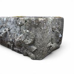 Pair of rectangular weathered cast stone planters, ornate moulded detail