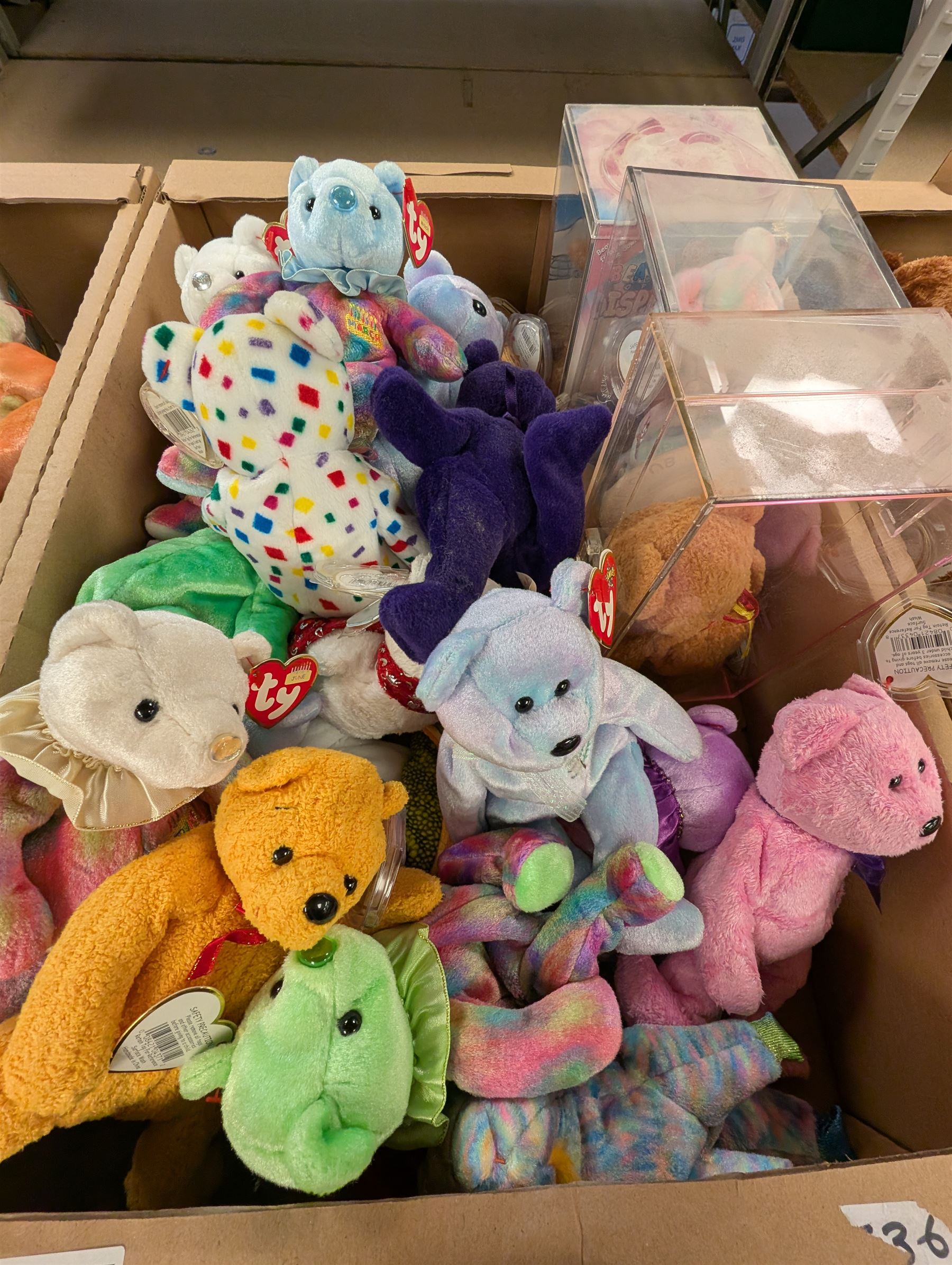 Large collection of TY Beanie Babies, including Princess the Bear, set of thirty two 2002 Fifa World cup bears, etc, mostly with tags in tag protectors, in seven boxes