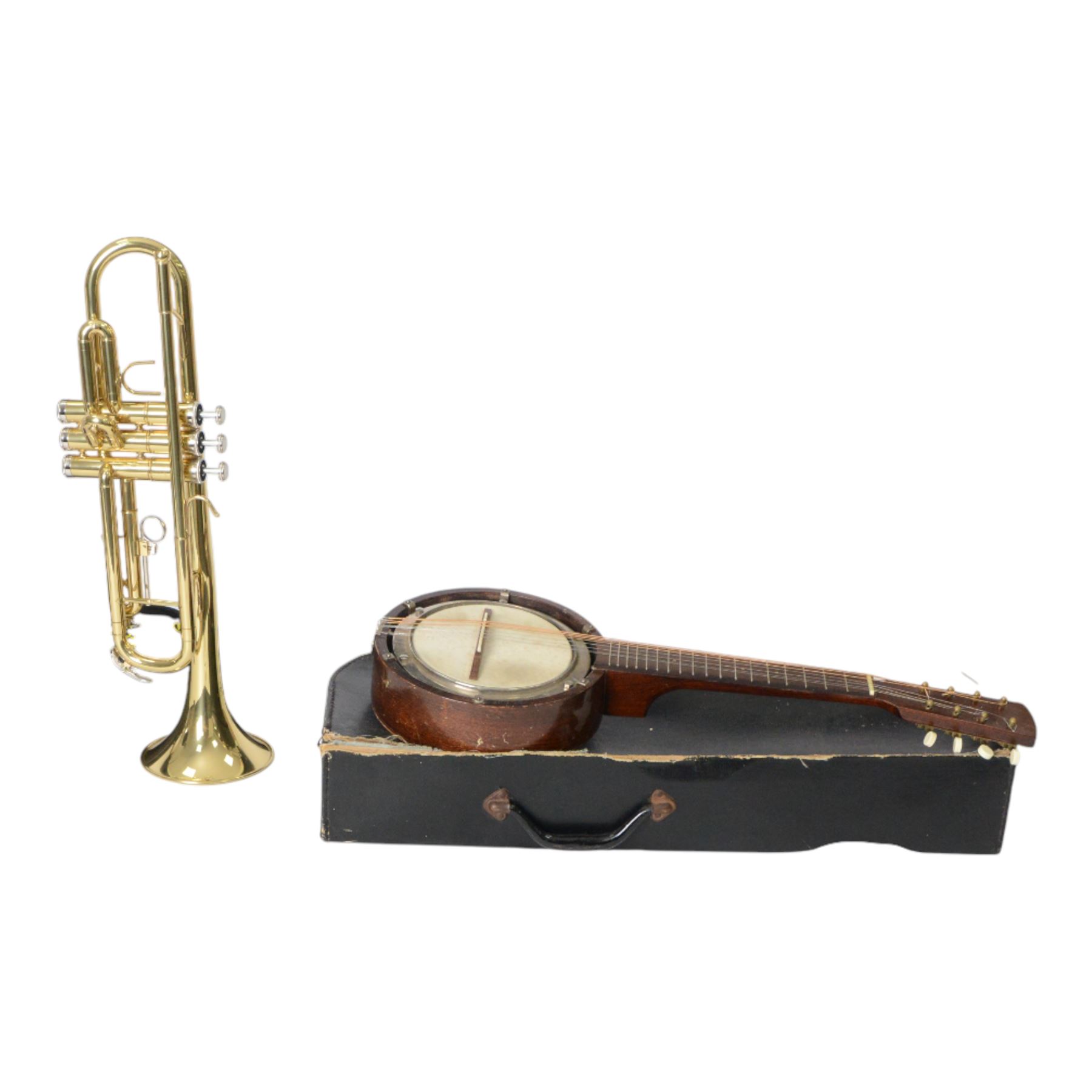Slade USA trumpet and a banjolin, both cased