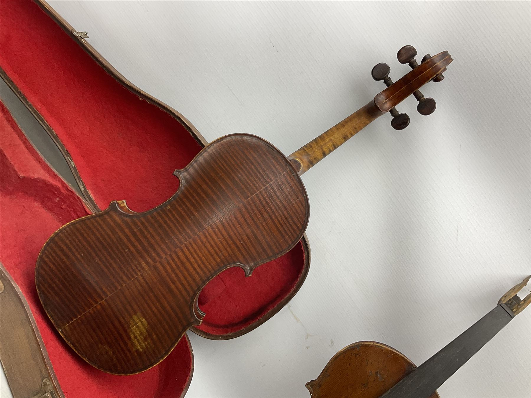 French violin for restoration with 36cm two-piece maple back and ribs and spruce top, bears label 'Lutherie Artistique M. Couturieux'; in wooden case; two modern three-quarter size violins in cases; and five violins for spares or repair