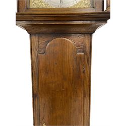 Jeremiah Henderson of Scarborough - 8-day longcase clock in an Elm case c1765,  with a flat top and broad cornice, square hood door flanked by two plain turned pilasters with gesso capitals, long trunk with a conforming door and break arch top, square brass dial with a matted centre, cast spandrels and ringed winding holes, silvered chapter ring with Roman numerals, five minute Arabic's, minute track and finely pierced matching steel hands, dial pinned to a rack striking movement with an anchor escapement. With weights and pendulum. Jeremiah Henderson was the son of Robert Henderson, the first recorded clockmaker in Scarborough. 