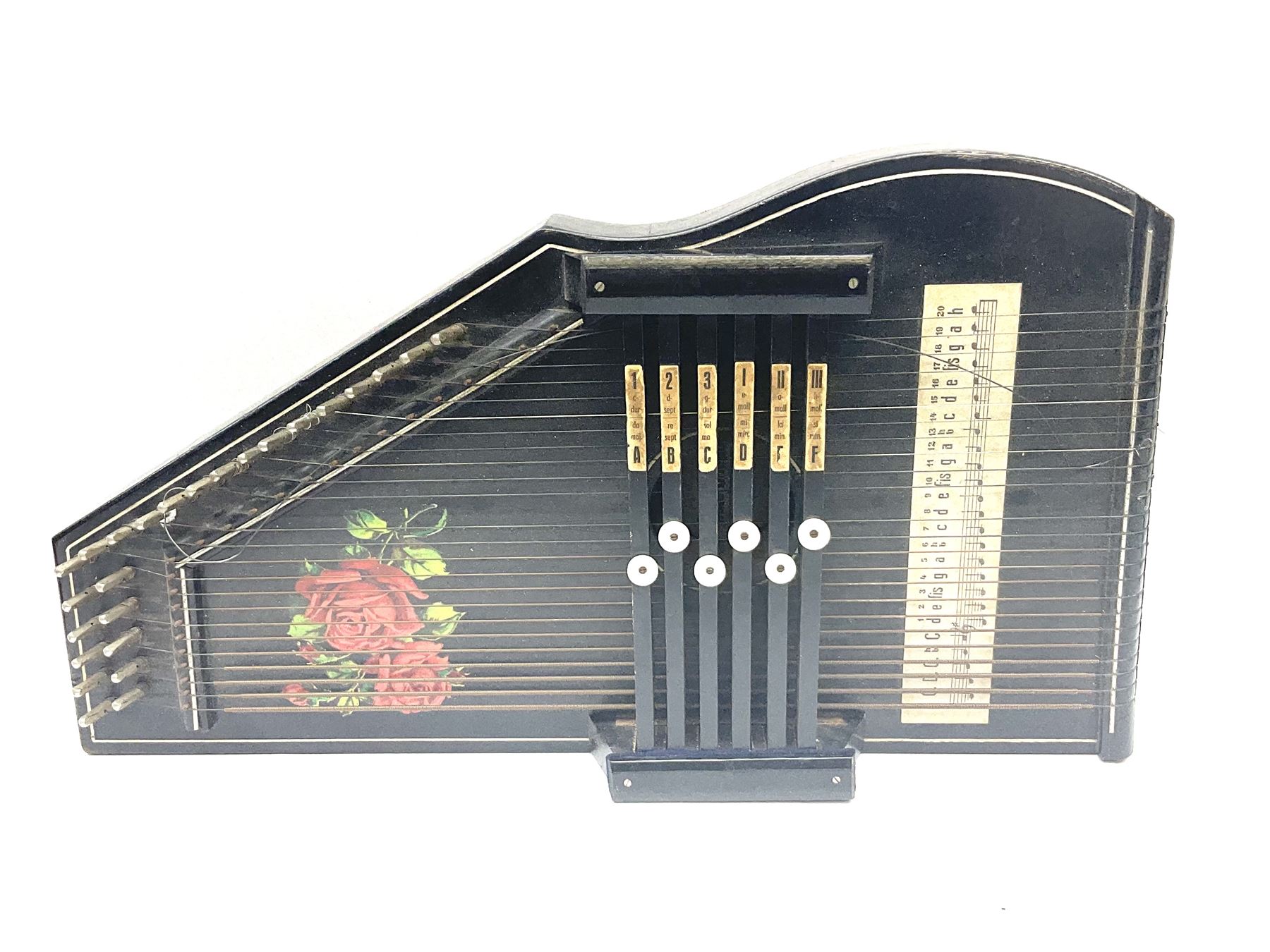 Skylark childs violin and bow, case, together with two other bows, an acoustic guitar and German Auto-Harps zither with floral decoration.   