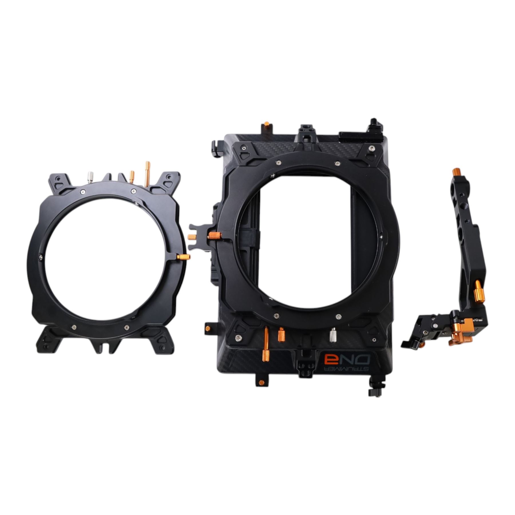 Bright Tangerine Strummer DNA Matte Box with three filter plates, 19mm studio rod holder and 15mm swing away arm, set of five masks, three donuts 138mm, 110mm, 87mm and three top and side flags, contained within a Peli 1550 case