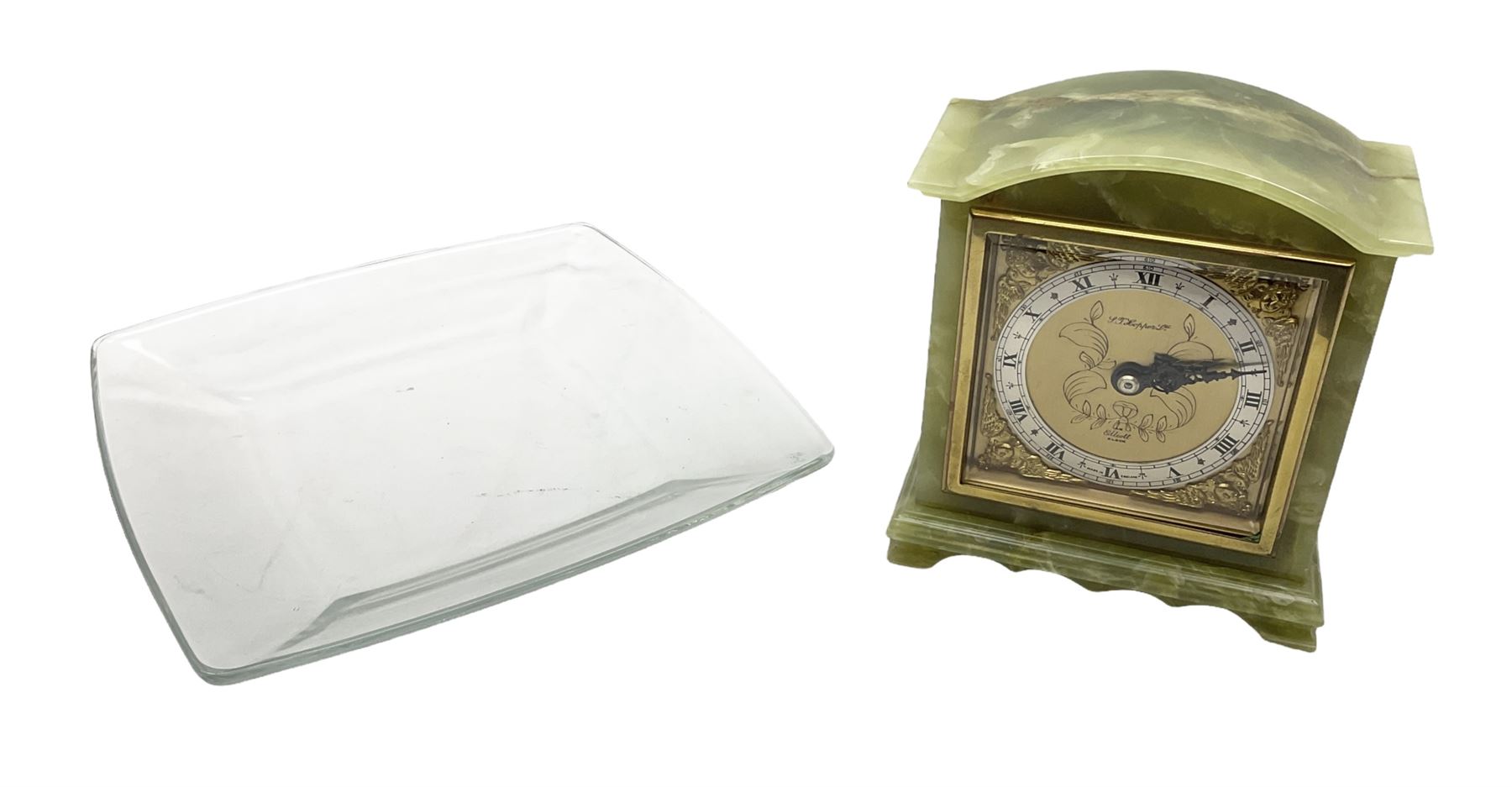 Elliott London green marble mantel clock, the gilt dial with silvered chapter ring, H16cm, together with a glass dish