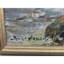 Owen Bowen (Staithes Group 1873-1967): Rocks near Ravenscar, oil on canvas signed 30cm x 40cm