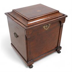 William IV mahogany cellarette, the rectangular hinged sarcophagus top enclosing bottle dividers and metal liner, the front applied with flanking flat pilasters, fitted with pressed brass handle plates escutcheon, lower moulded edge over brass hairy paw feet