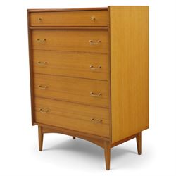 Golden Key By Palatial Ltd - mid-20th century teak chest of five drawers, rectangular top over a bank of graduating drawers fitted with brass loop handles, raised on tapering support