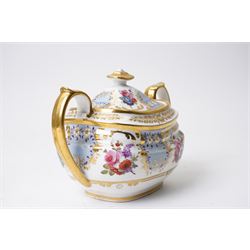 Brown-Westhead, Moore & Co cabinet cup and saucer, with rope twist moulded handle, hand-painted with floral reserves against a white and sky blue ground, heightened profusely with gilt, together with a pink hand-painted example, and a 19th century spill vase and twin-handled covered sucrier (4)