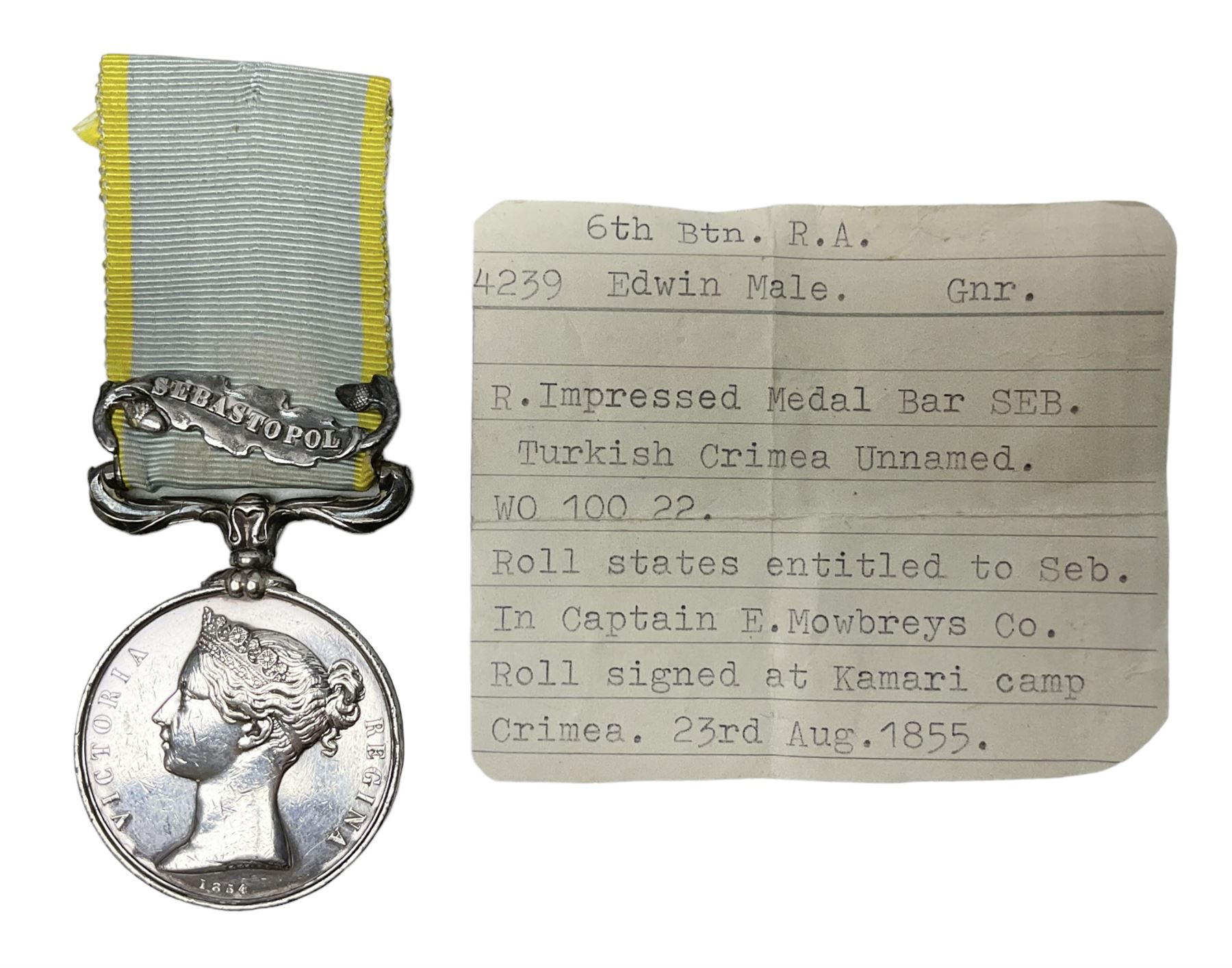 Victoria British Army Crimea medal with Sebastopol clasp regimentally impressed to (4239) Gunner Edwin Male 6th Bn.Rl.Arty with ribbon
